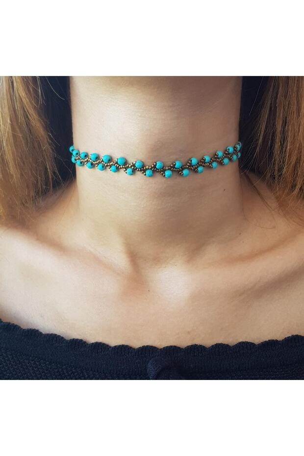 El Yapımı Firuze Doğal Taşlı Choker Kolye - 1