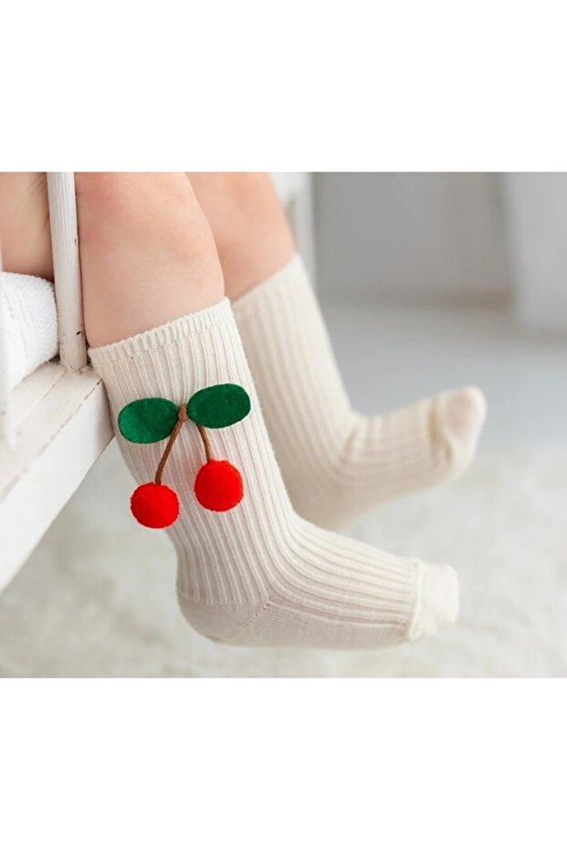Girl's Knee Length Socks with Cherry Pompom