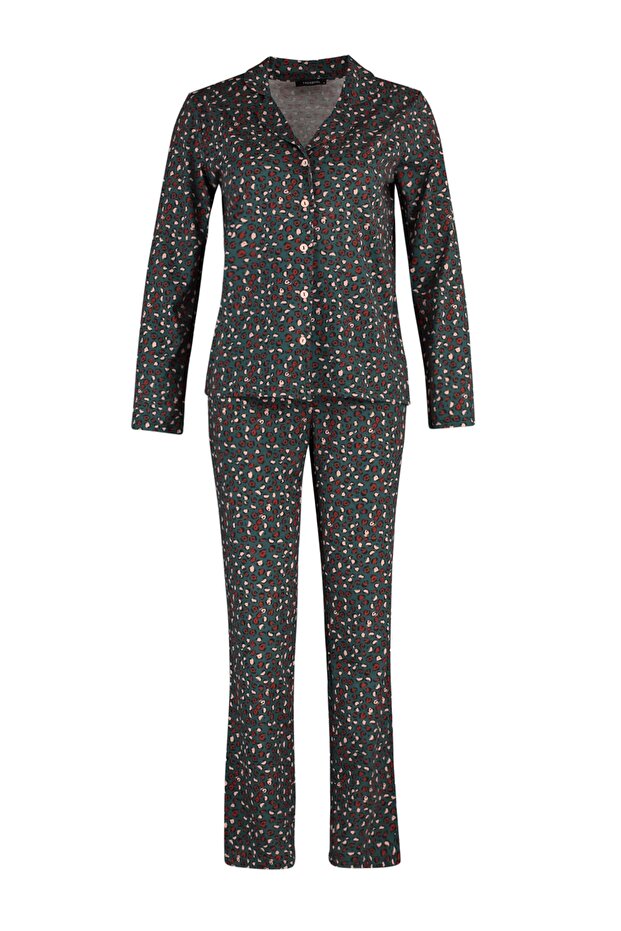 Yeşil %100 Pamuklu Leopar Desenli Gömlek Pantolon Örme Pijama Takımı THMAW23PT00150 - 6