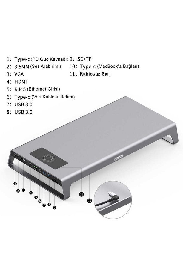 Go Des Gd-9128 Type-c Hub Laptop Standı & Kablosuz Şarj Usb-c Docking Station Macbook Stand - 6