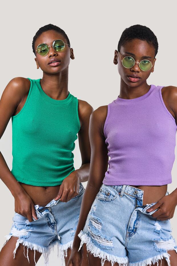 Women's Green Lilac Halter Neck Ribbed 2-Piece Crop Blouse