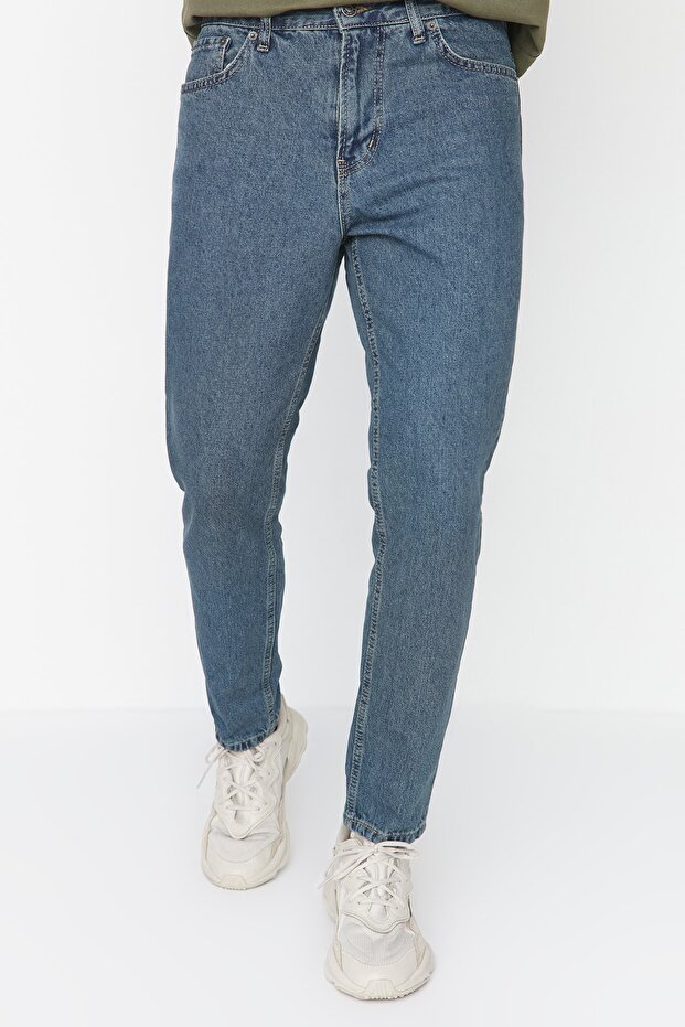 Lacivert Yeşil Eskitme Görünümlü %100 Pamuk Relax Fit Boyfriend Jeans Kot Pantolon TMNAW23JE00043 - 2