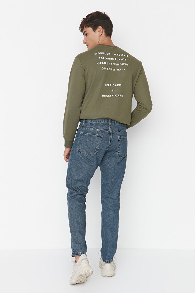 Lacivert Yeşil Eskitme Görünümlü %100 Pamuk Relax Fit Boyfriend Jeans Kot Pantolon TMNAW23JE00043 - 4