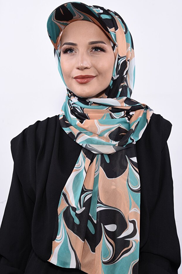 شال منقوش مع قبعة باستيل - 1