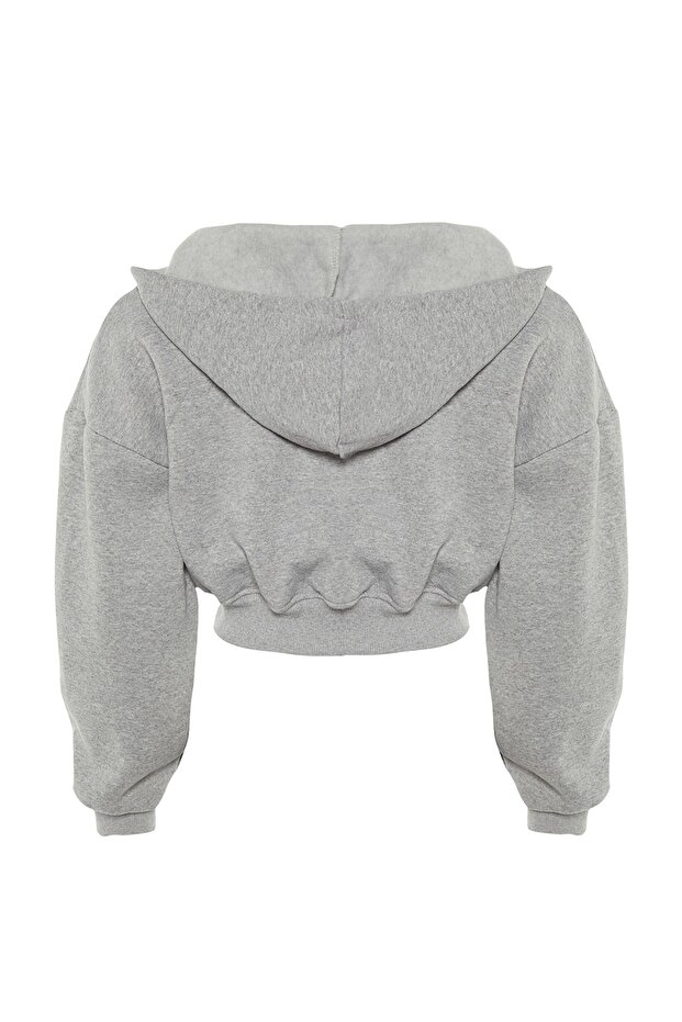 Szara, gruba polarowa bluza z kapturem i dekoltem w kształcie litery V, o luźnym kroju, dzianinowa bluza TWOAW23SW00096 - 6