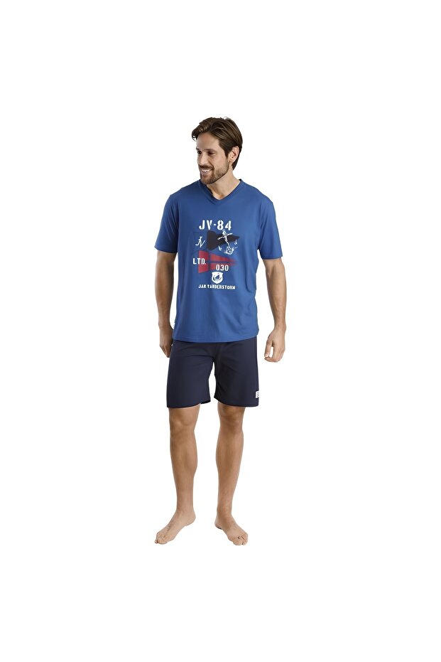 Men's Printed V-Neck Royal Blue Pajama Set