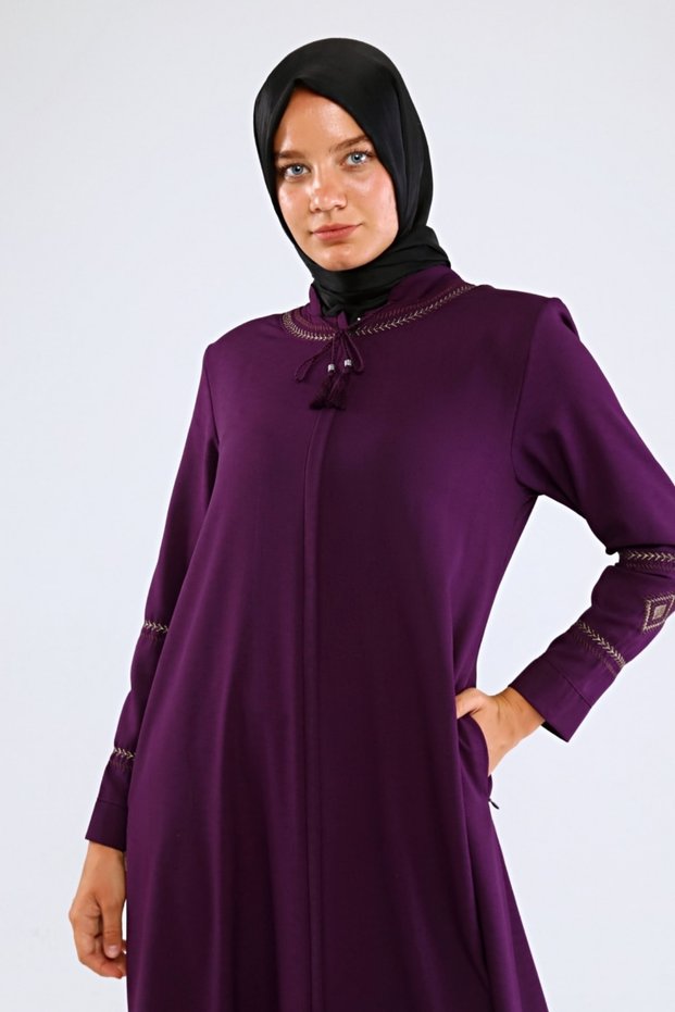 Sleeve and Collar Embroidered Summer Linen Ferace - Plum