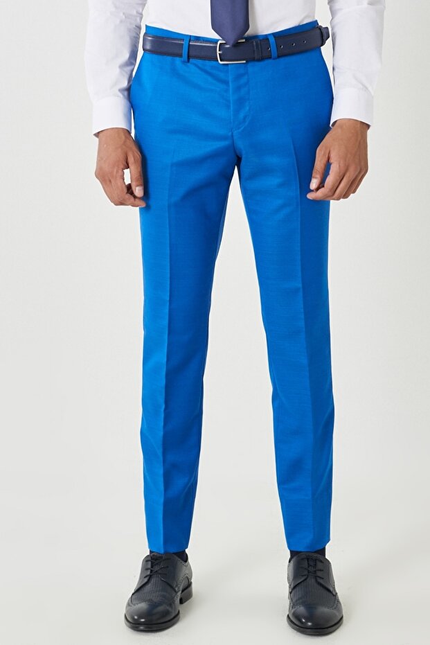 Erkek Saks Mavi Yünlü Ekstra Slim Fit Dar Kesim Mono Yaka Pick Desenli Yelekli Takım Elbise - 6