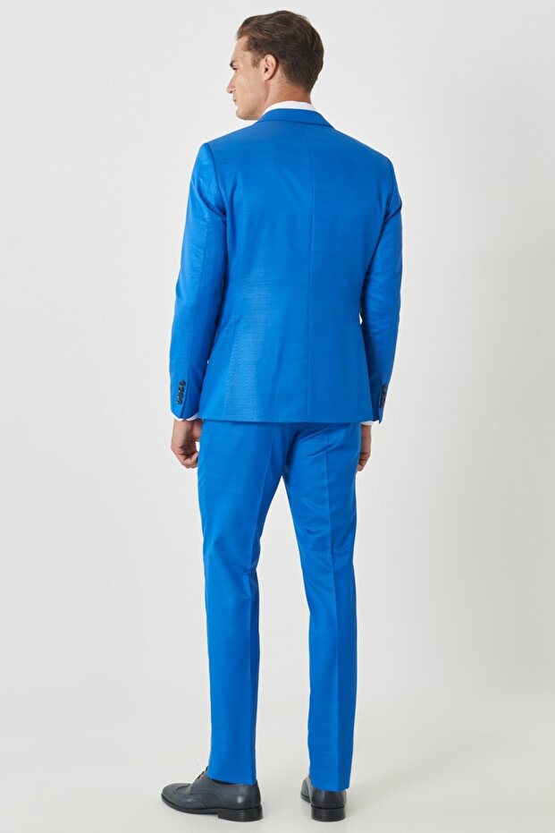 Erkek Saks Mavi Yünlü Ekstra Slim Fit Dar Kesim Mono Yaka Pick Desenli Yelekli Takım Elbise - 7