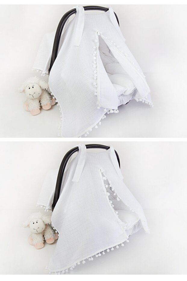 Stroller Cover/Stroller Cover 100% Cotton White Muslin with Pompom and Zipper