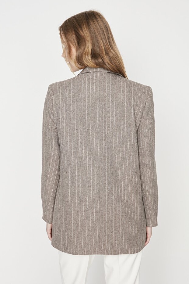 Hnědá běžná podšívka s dvojitým řadovým zapínáním, pruhovaná tkaná bunda TWOAW23CE00100 - 5