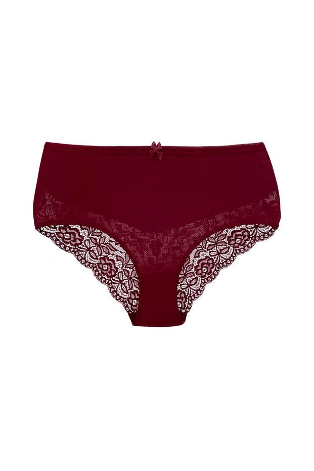 Burgundy Cotton Half Lace Back High Waist Plus Size Women's Panties