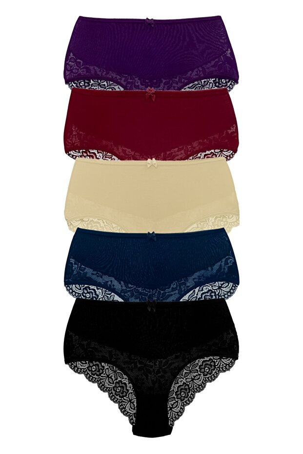 5-Piece Cotton Half Lace Back High Waist Plus Size Women's Panties