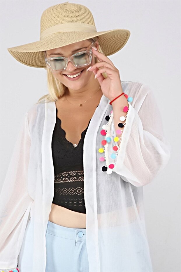 Chiffon Sleeve End with Pompom Detail Pareo-white