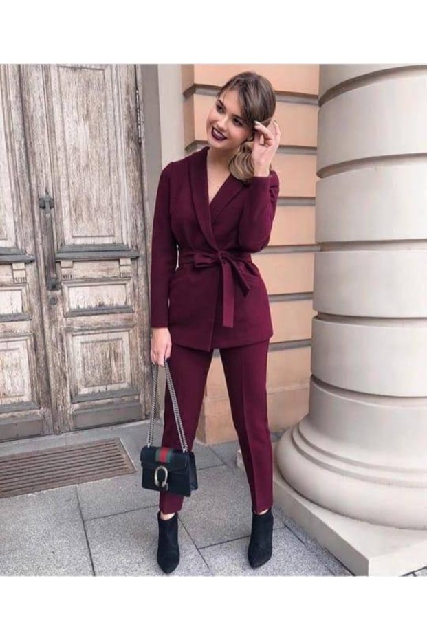 Women's Burgundy Double Atlas Fabric Belted Suit (BORDO)