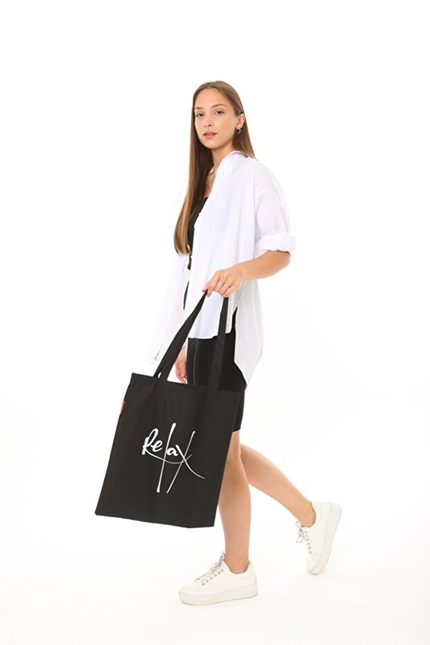 Relax Black Cloth Bag Printed