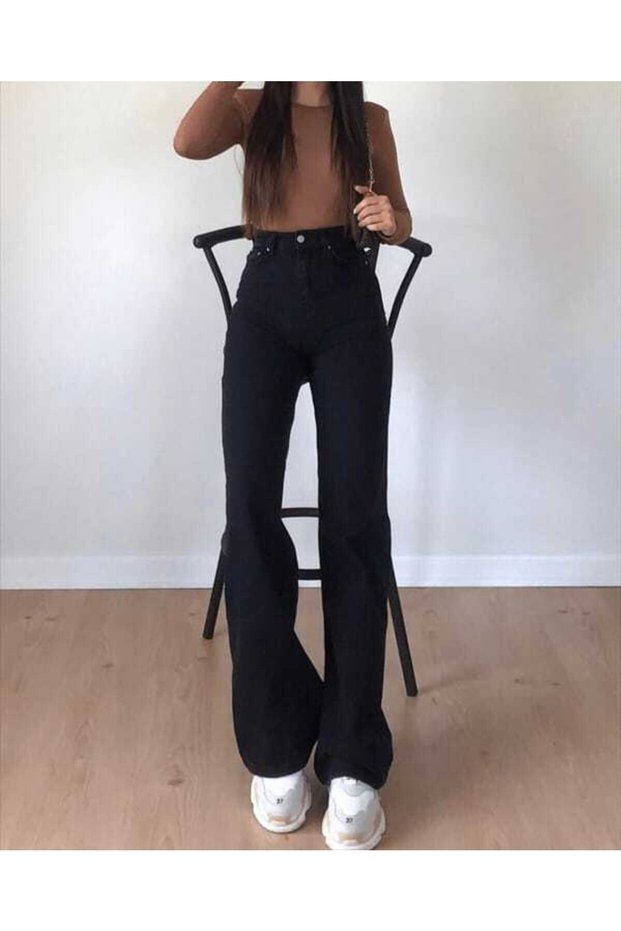 Lycra Loose Black High Waist Lycra Wide Leg Jeans