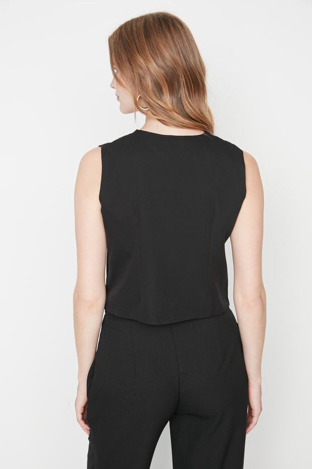 Siyah Regular Dokuma Kısa/Crop Yelek TWOSS22YE0053 - 5