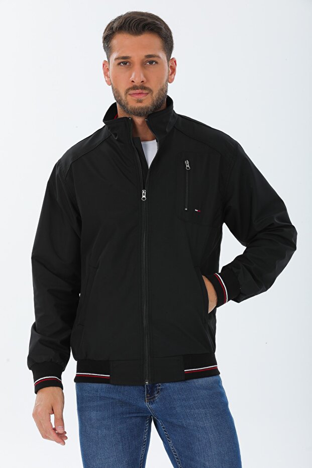 Wapp Waterproof Black Ribbed Collar Inner Lined Daily Seasonal Coat with Inner Pocket