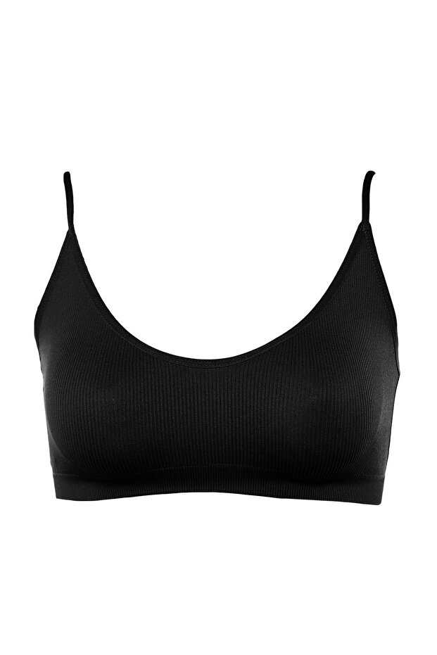 Siyah Seamless/Dikişsiz İp Askılı Sırt Detaylı Balensiz Kapsız Bralette Örme Sütyen THMAW23SU00130 - 11