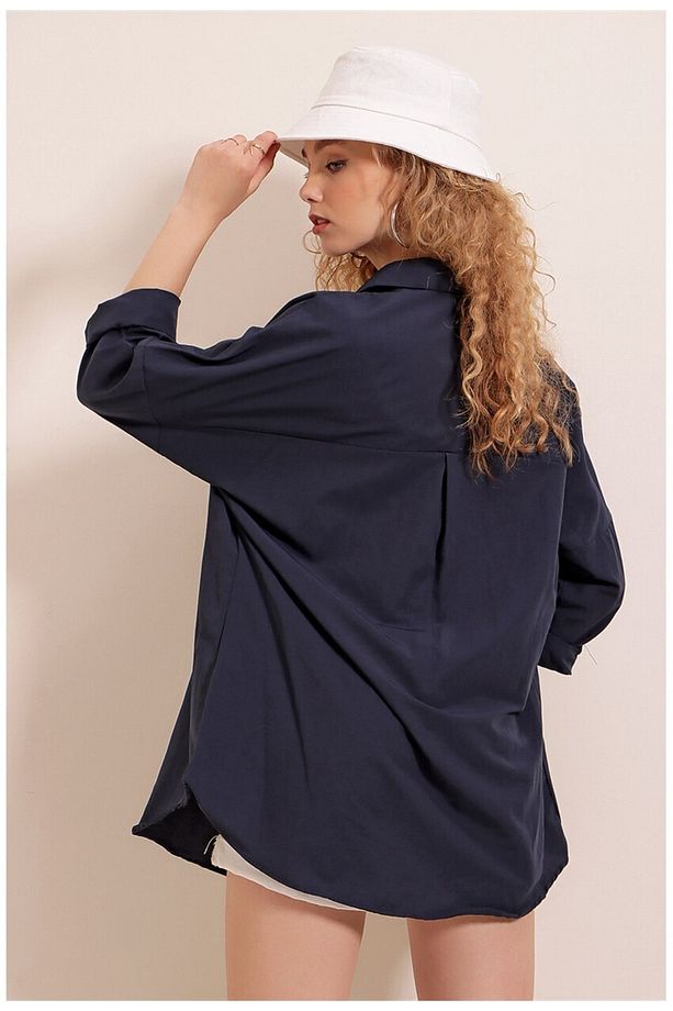 ModaDolabım Oversize Uzun Basic Gömlek Lacivert - 6