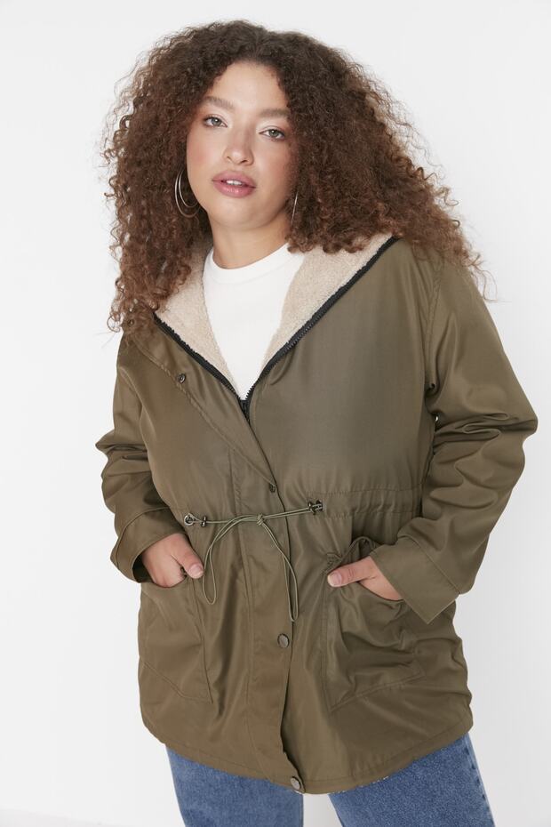Khaki Regular Fit Hooded Fur Inside Water Repellent Plus Size Parka Coat Tbbaw23Kb00000 - 2