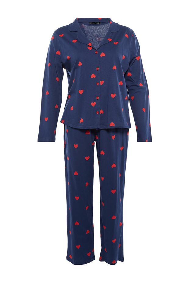 Lacivert Kalpli Gömlek Yaka Örme Pijama Takımı TBBAW23AI00019 - 6