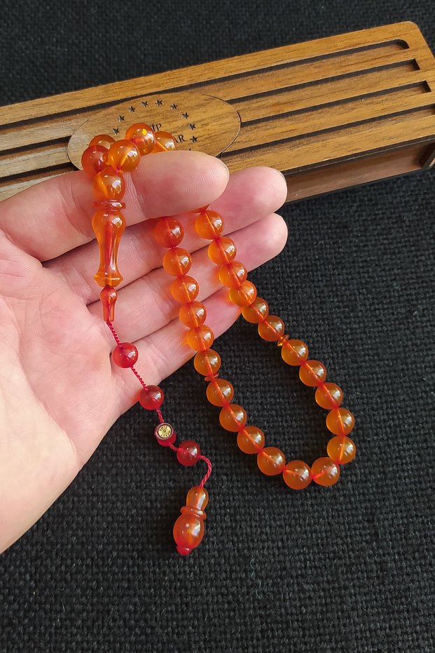 10X10 mm Mesut Elma Skillfully Crafted Yemeni Zar Amber Prayer Beads Signed Systematic Prayer Beads with Wooden Box