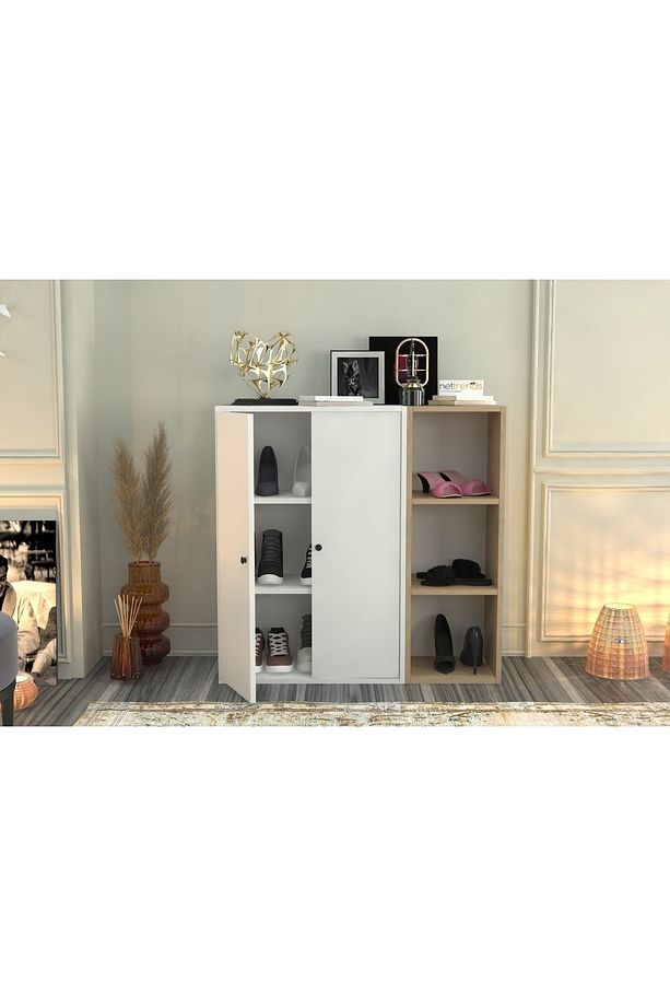 Raflı Dolaplı Ayakkabılık Beyaz Meşe 100 Cm Ayk-1037-ç - 2