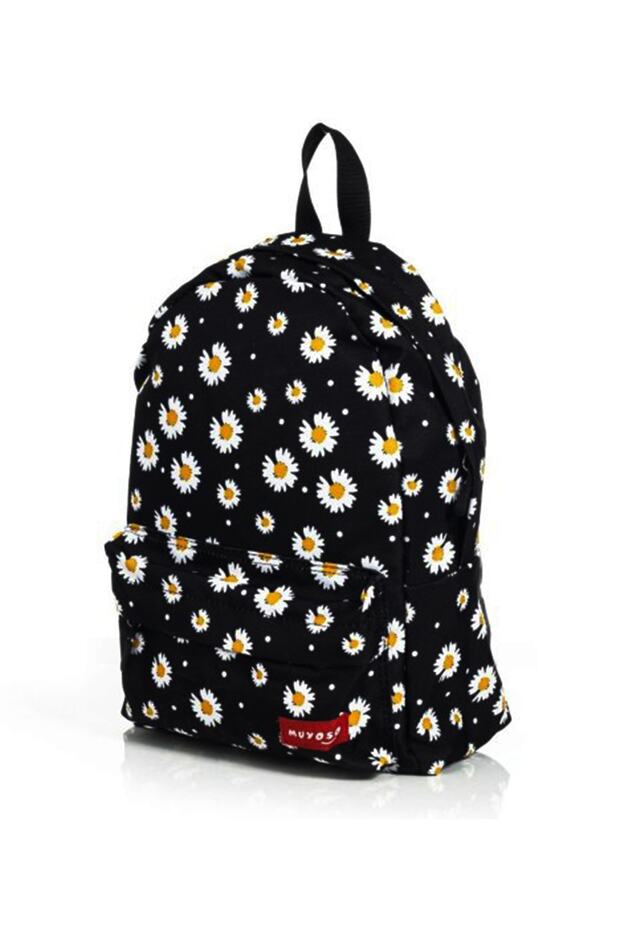 Black Colored Daisy Patterned Backpack School Bag - 1