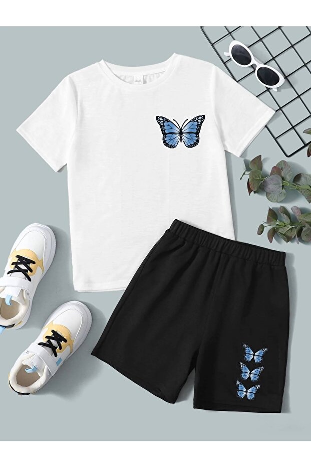 Black/white Printed Girls/Boys T-Shirt Shorts Set