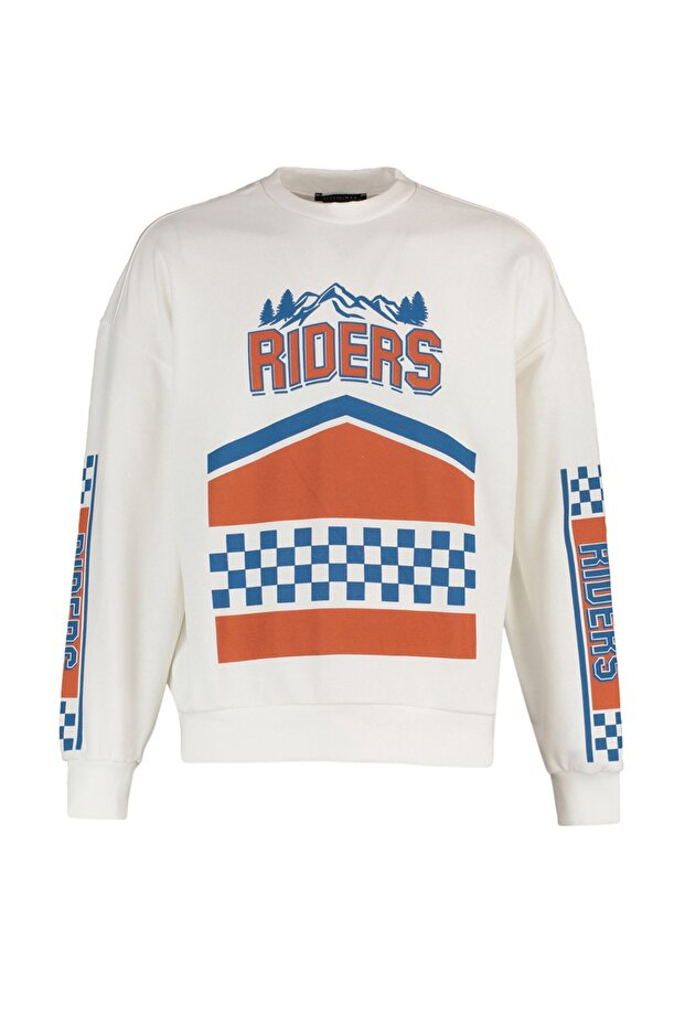 Ekru Oversize/Geniş Kesim Uzun Kollu Baskılı Sweatshirt TMNAW22SW0579 - 6