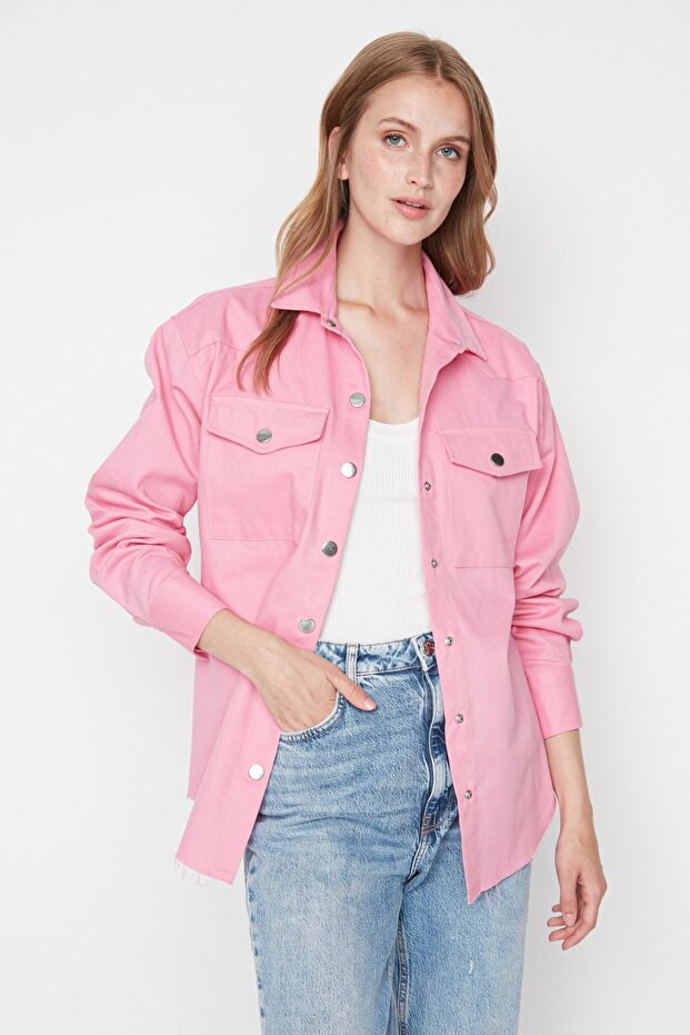Pembe Oversize Geniş Kalıp Dokuma Ceket TWOSS21CE0256 - 3