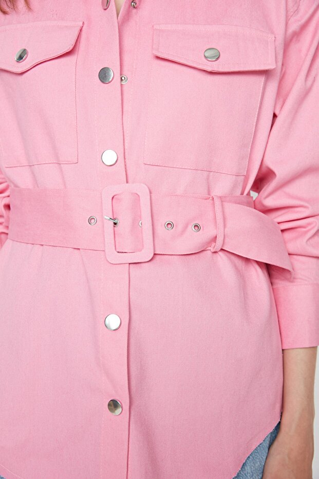 Pembe Oversize Geniş Kalıp Dokuma Ceket TWOSS21CE0256 - 4