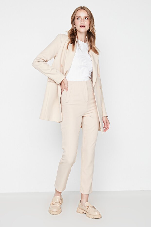 Magas derekú bézs cigaretta nadrág - nadrágtartók és bokáig érő, szőtt szövet TWOSS20PL0515 - 8