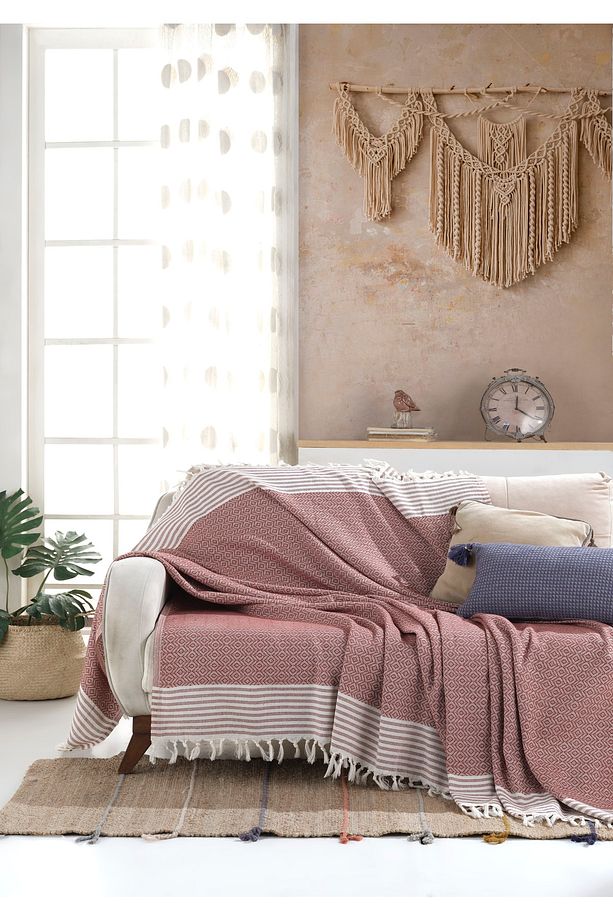 Bergama Kiremit 3 Adet Koltuk Örtüsü 180 X 200 Cm Koltuk Şalı Kanepe Berjer Örtüsü Pamuklu - 3