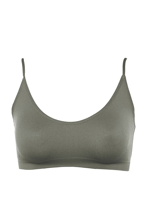 Gri Seamless/Dikişsiz İp Askılı Sırt Detaylı Balensiz Kapsız Bralette Örme Sütyen THMAW23SU00130 - 9