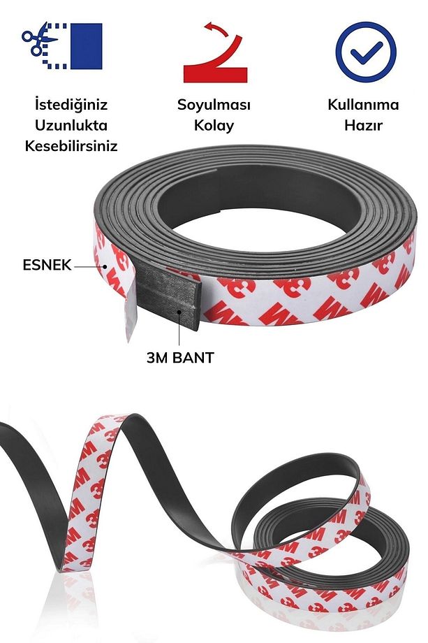 Yapışkanlı Şerit Mıknatıs Magnet Kes Kullan Güçlü Sağlam Rulo Çıkarılması Kolay Siyah 2cm X 1 Mt - 3
