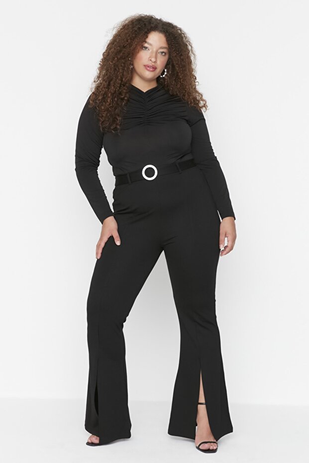 Plus Size Trousers with Flare Cut Black Belt - Tbbaw23Ar00001