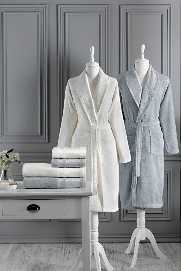 طقم روب حمام دوري كريم رمادي - 1