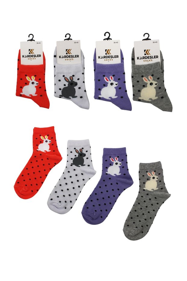 Women's Multicolored Half-Toe Cotton Socks with Rabbit Pattern, Pack of 4