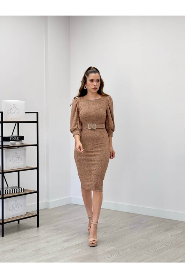 Shimmering Fabric Sleeves Balloon Detailed Pencil Dress - Gold