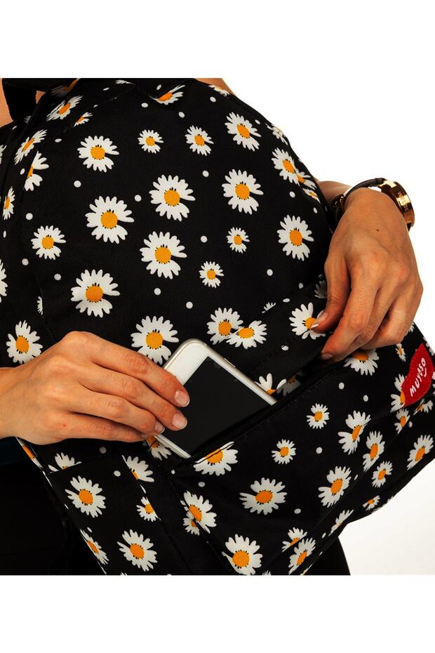 Black Colored Daisy Patterned Backpack School Bag - 2