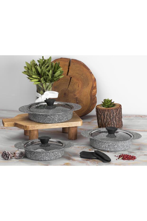 Granit Plus 3'lü Sahan Seti Tak/çıkar Silikon Saplı Gri - 1