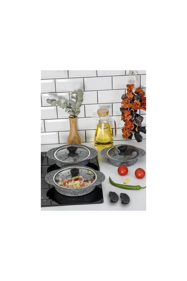 Granit Plus 3'lü Sahan Seti Tak/çıkar Silikon Saplı Gri - 6