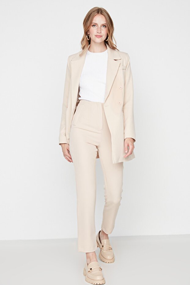 Magas derekú bézs cigaretta nadrág - nadrágtartók és bokáig érő, szőtt szövet TWOSS20PL0515 - 9