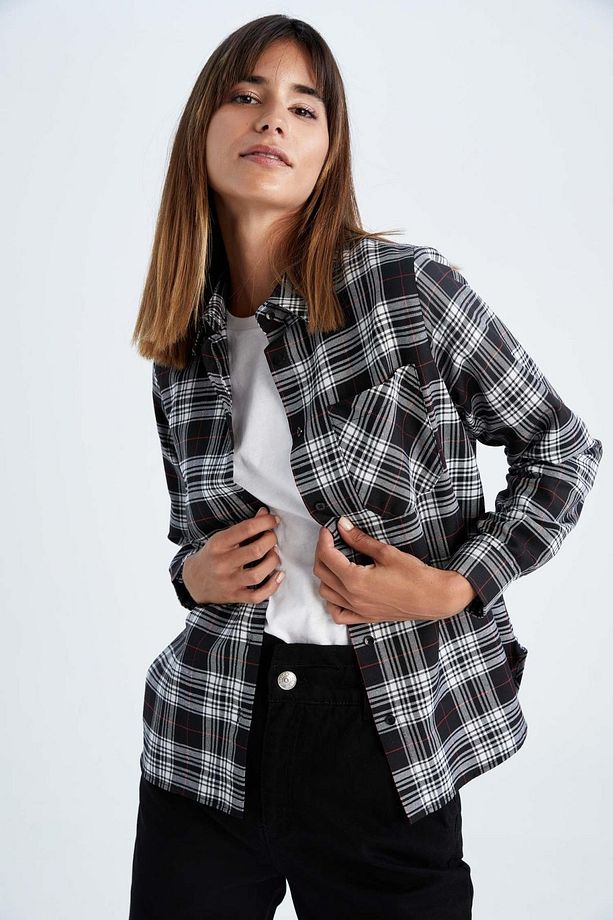 Regular Fit Gömlek Yaka Flanel Uzun Kollu Gömlek - 1