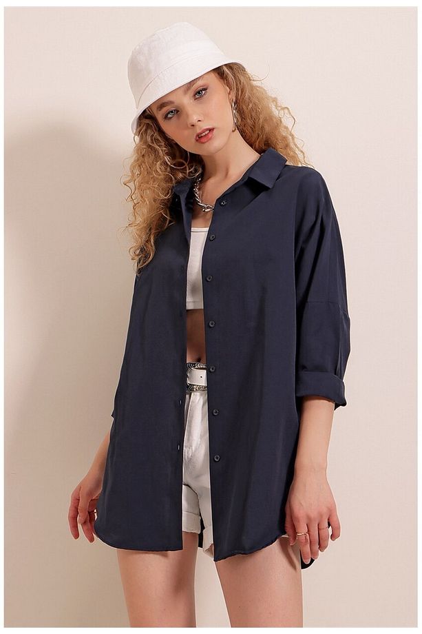 ModaDolabım Oversize Uzun Basic Gömlek Lacivert - 3