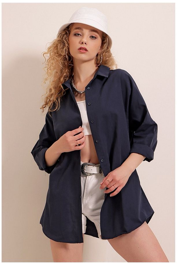 ModaDolabım Oversize Uzun Basic Gömlek Lacivert - 5