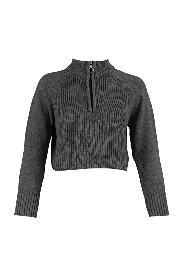 Antrasit Crop Fermuarlı Dik Yaka Basic Triko Kazak TWOAW22KZ1632 - 6